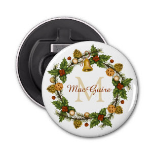 Monogrammed Vintage Elegant Christmas Wreath Bottle Opener