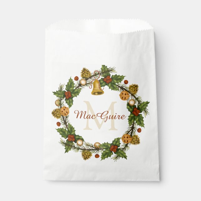 Monogrammed Vintage Elegant Christmas Wreath Favor Bag (Front)
