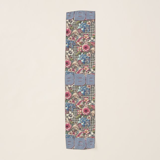 Monogrammed Vintage Floral Houndstooth Plaid Scarf (Front)