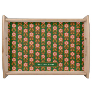 Monogrammed vintage florals, pink on green retro serving tray