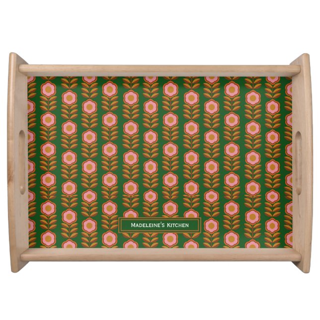 Monogrammed vintage florals, pink on green retro  serving tray (Front)