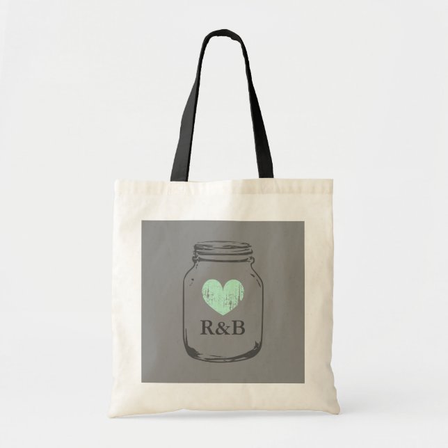 Monogrammed vintage grey mason jar heart tote bag (Front)