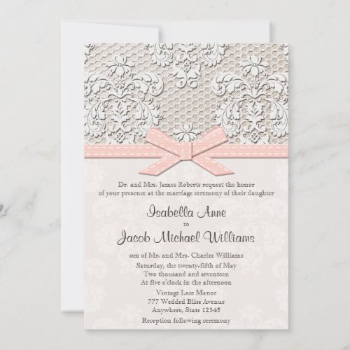 Monogrammed Vintage Lace Wedding Invitations Pink