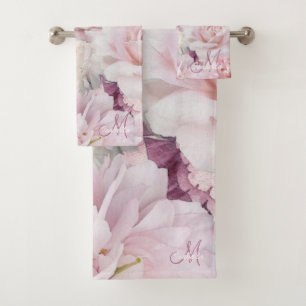 Monogrammed Vintage Pink Botanical Garden Painting Bath Towel Set