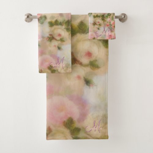 Monogrammed Vintage Pink Roses Watercolor  Bath Towel Set