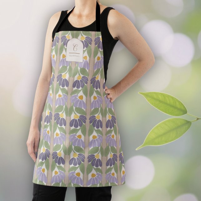 Monogrammed Vintage Purple Floral Apron  (Vintage Floral Apron – Purple Daisy Kitchen or Gardening Gift with Botanical Stripe Design)
