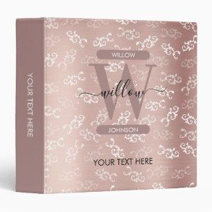 Monogrammed Vintage Rose Gold Damask Pattern 3 Ring Binder