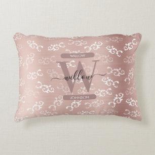 Monogrammed Vintage Rose Gold Damask Pattern Accent Pillow