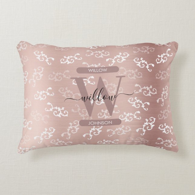 Monogrammed Vintage Rose Gold Damask Pattern Accent Pillow (Front)