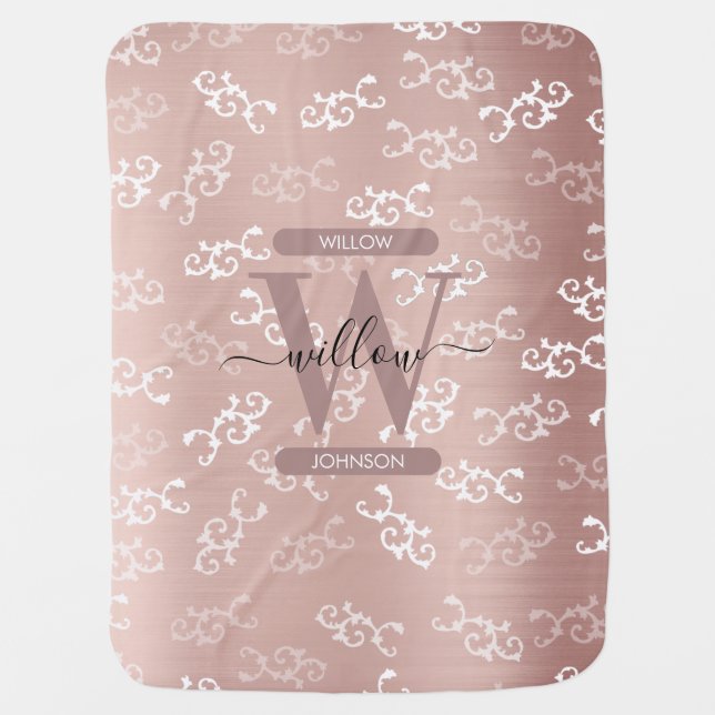 Monogrammed Vintage Rose Gold Damask Pattern Baby Blanket (Front)
