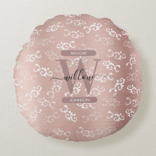 Monogrammed Vintage Rose Gold Damask Pattern Round Pillow