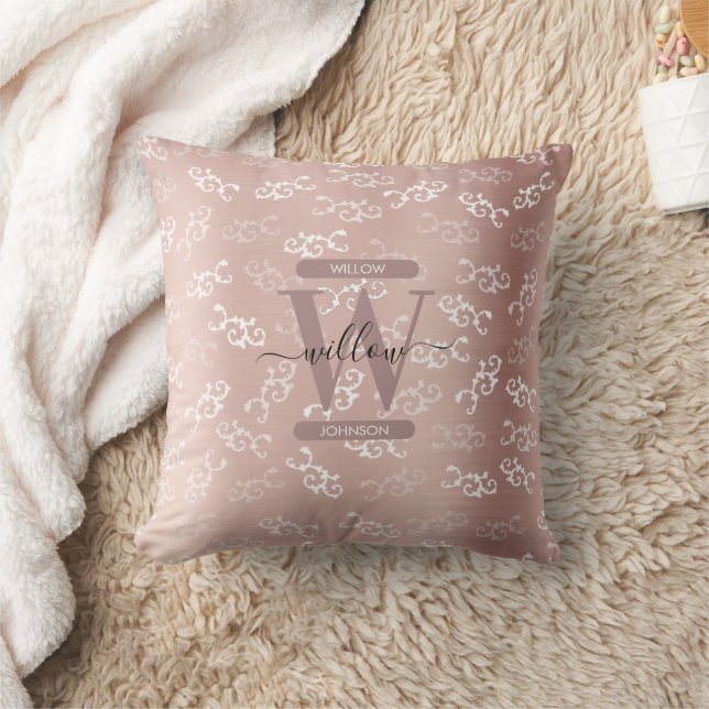 Monogrammed Vintage Rose Gold Damask Pattern Throw Pillow (Blanket)