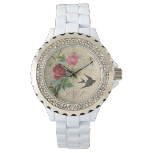 Monogrammed Vintage Roses Swallow Bird Dragonfly Watch