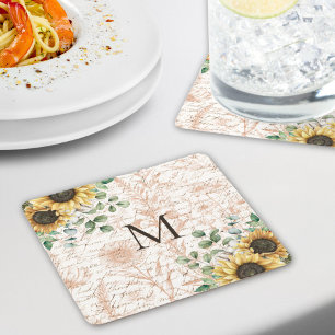Monogrammed Vintage Rustic Sunflower Calligraphy Beverage Coaster