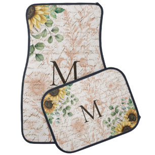 Monogrammed Vintage Rustic Sunflower Calligraphy Car Floor Mat