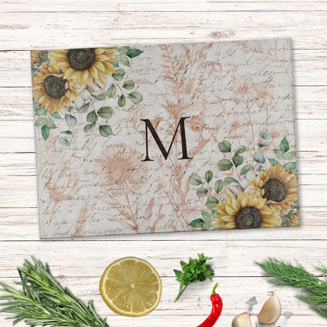 Monogrammed Vintage Rustic Sunflower Calligraphy Cutting Board (In situ kitchen table)