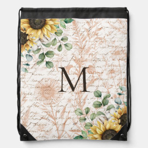 Monogrammed Vintage Rustic Sunflower Calligraphy Drawstring Bag