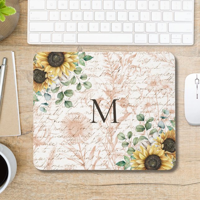 Monogrammed Vintage Rustic Sunflower Calligraphy Mouse Pad (In situ on office desk)