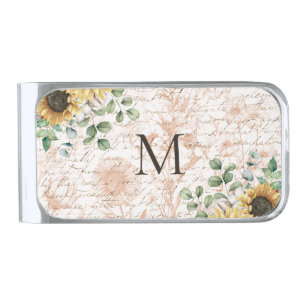 Monogrammed Vintage Rustic Sunflower Calligraphy Silver Finish Money Clip