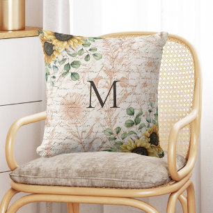 Monogrammed Vintage Rustic Sunflower Calligraphy Throw Pillow