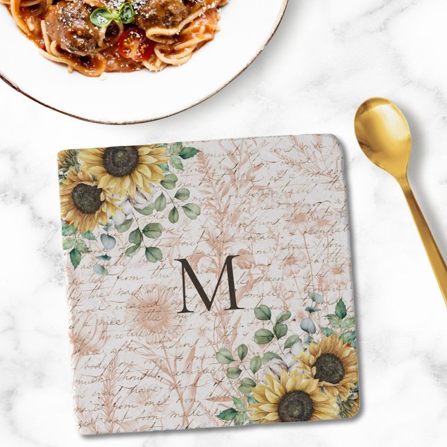 Monogrammed Vintage Rustic Sunflower Calligraphy Trivet (In situ on dining table)