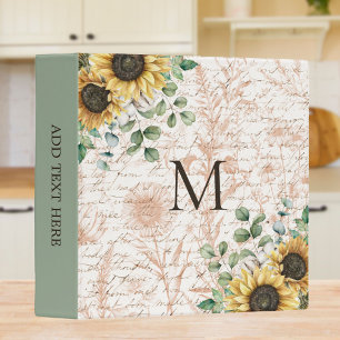 Monogrammed Vintage Rustic Sunflower Decoupage 3 Ring Binder