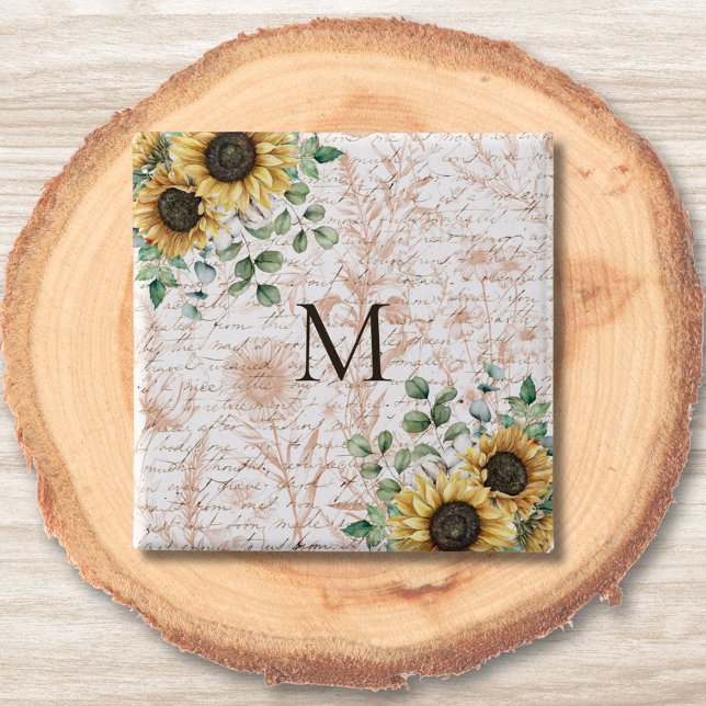 Monogrammed Vintage Rustic Sunflower Decoupage Button (In situ on wood)