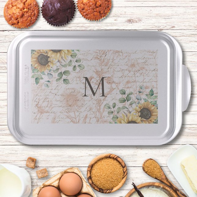 Monogrammed Vintage Rustic Sunflower Decoupage Cake Pan (In situ on kitchen table)