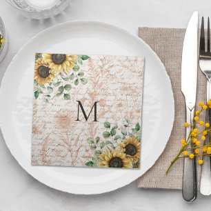 Monogrammed Vintage Rustic Sunflower Decoupage Cloth Napkin
