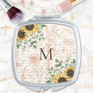Monogrammed Vintage Rustic Sunflower Decoupage Compact Mirror