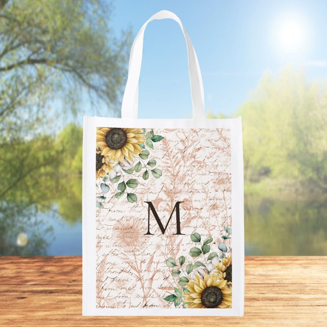 Monogrammed Vintage Rustic Sunflower Decoupage Grocery Bag (In situ outdoor)