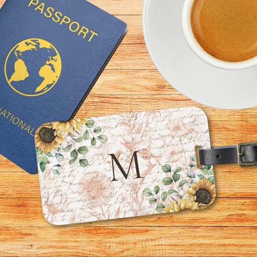 Monogrammed Vintage Rustic Sunflower Decoupage Luggage Tag