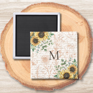 Monogrammed Vintage Rustic Sunflower Decoupage Magnet