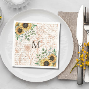Monogrammed Vintage Rustic Sunflower Decoupage Napkins