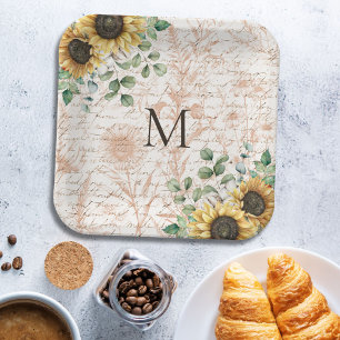 Monogrammed Vintage Rustic Sunflower Decoupage Paper Plates