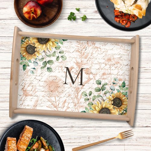 Monogrammed Vintage Rustic Sunflower Decoupage Serving Tray