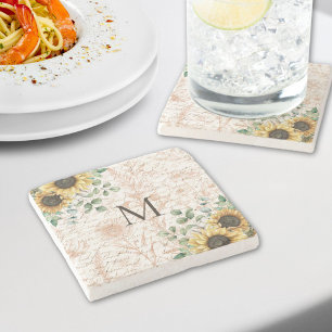 Monogrammed Vintage Rustic Sunflower Decoupage Stone Coaster