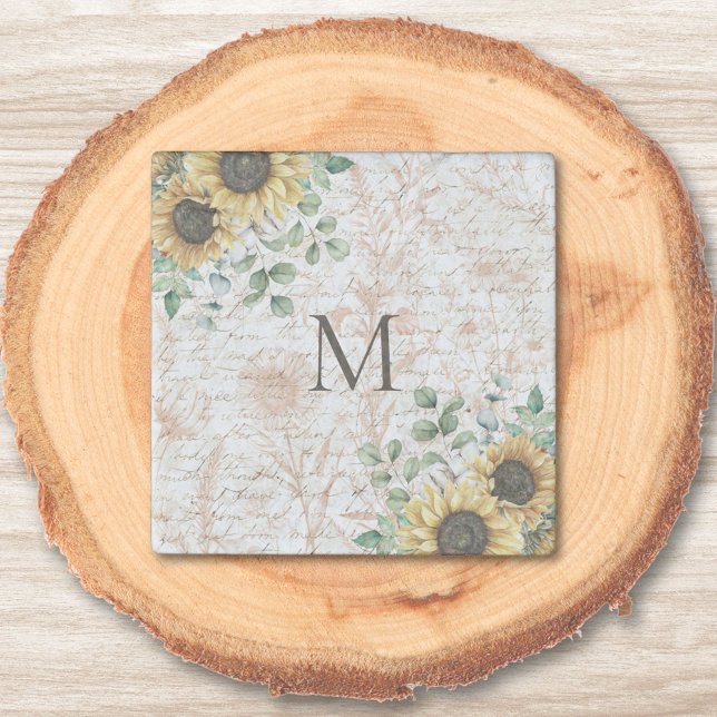 Monogrammed Vintage Rustic Sunflower Decoupage Stone Magnet (In situ on wood)