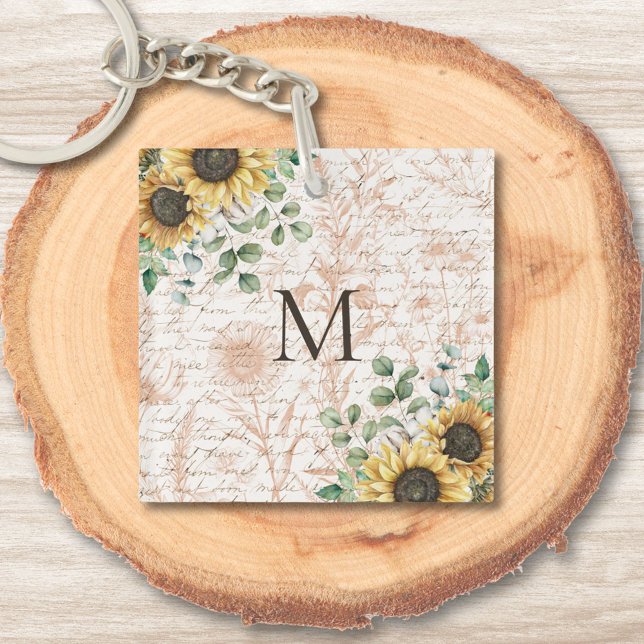 Monogrammed Vintage Rustic Sunflower Keychain (In situ on wood)