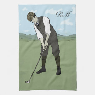 Monogrammed Vintage Style golf art Kitchen Towel