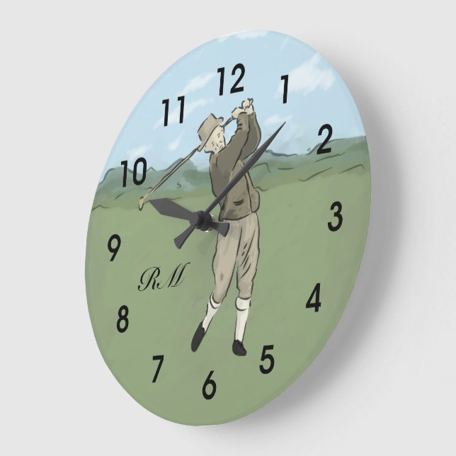 Monogrammed Vintage Style golf art Large Clock (Angle)
