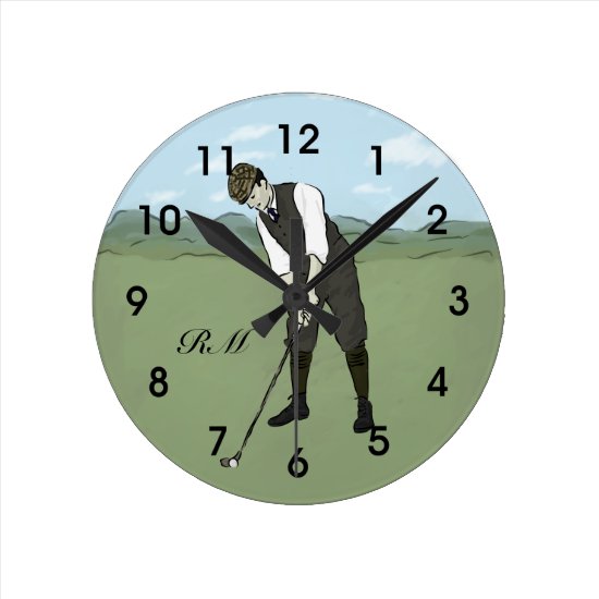 Monogrammed Vintage Style golf art Round Clock
