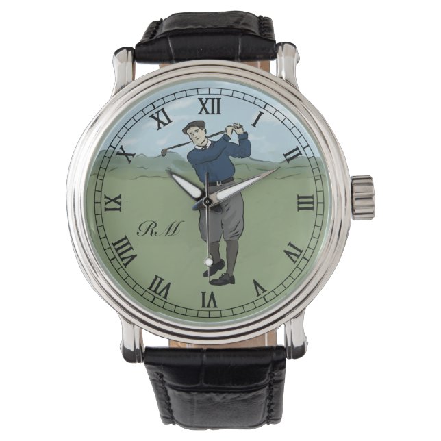 Monogrammed Vintage Style golf art Watch (Front)