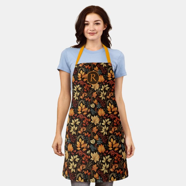Monogrammed Vintage Themed Autumn Foliage Pattern Apron (Worn)