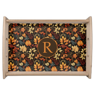 Monogrammed Vintage Themed Autumn Foliage Pattern Serving Tray