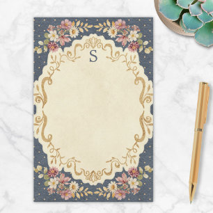 Monogrammed Vintage Whimsical Floral Navy Blue Stationery