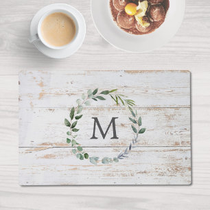 Monogrammed Vintage White Wood Green Leaf Wreath Placemat