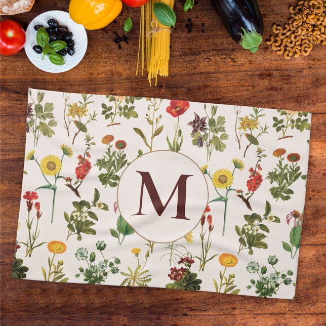 Monogrammed Vintage Wildflower Pattern Kitchen Towel (In situ Kitchen table)