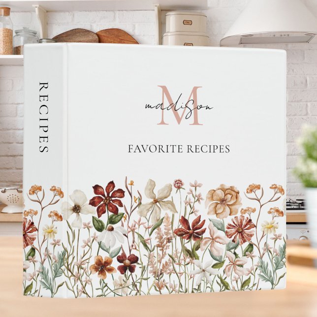 Monogrammed Vintage Wildflower Recipe Cookbook 3 Ring Binder (In situ)
