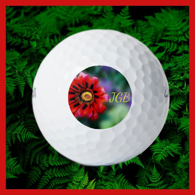 Monogrammed Vivid Red Flower Gazania Floral Golf Balls (Creator Uploaded)